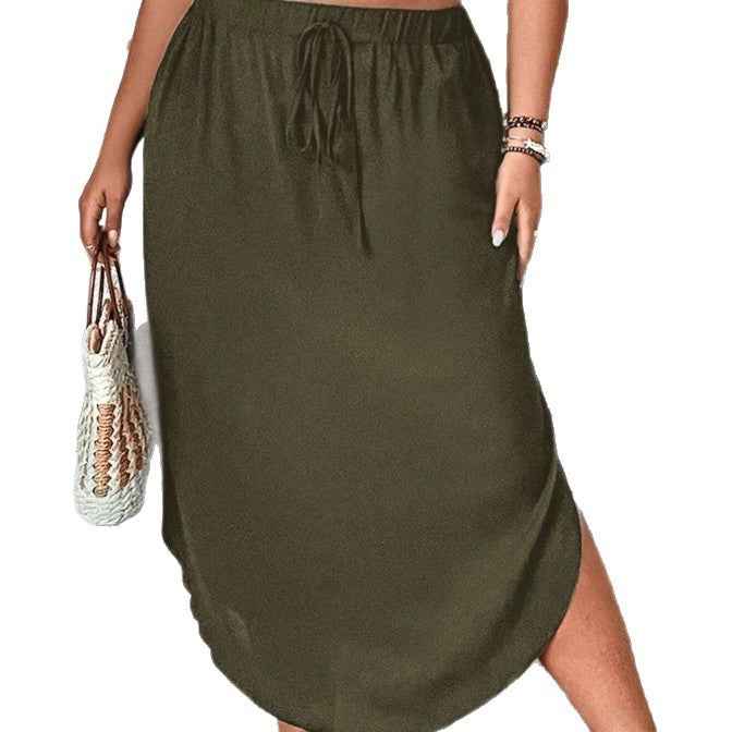 Plus-size Tie-front Split Skirt in Solid Color for Women