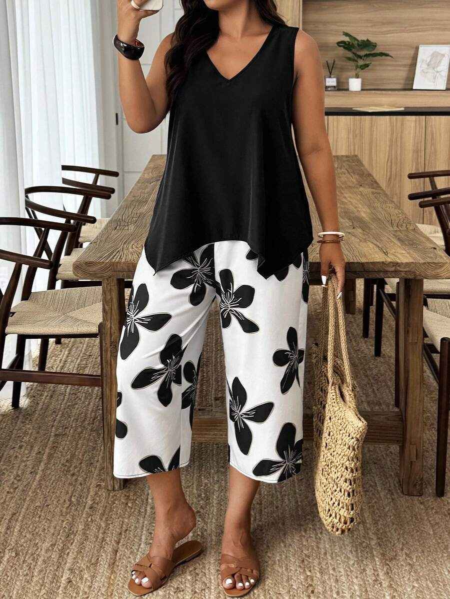 Women's Printed Cropped Pants Set for Casual Elegance