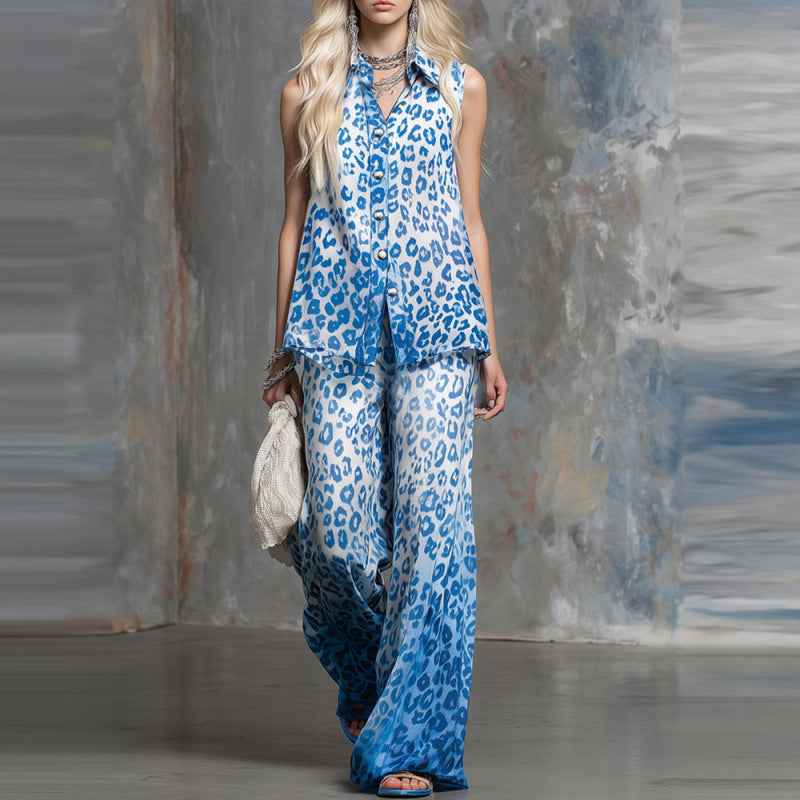 Loose-fit Leopard-print Two-piece Set: Sleeveless Shirt and Trousers