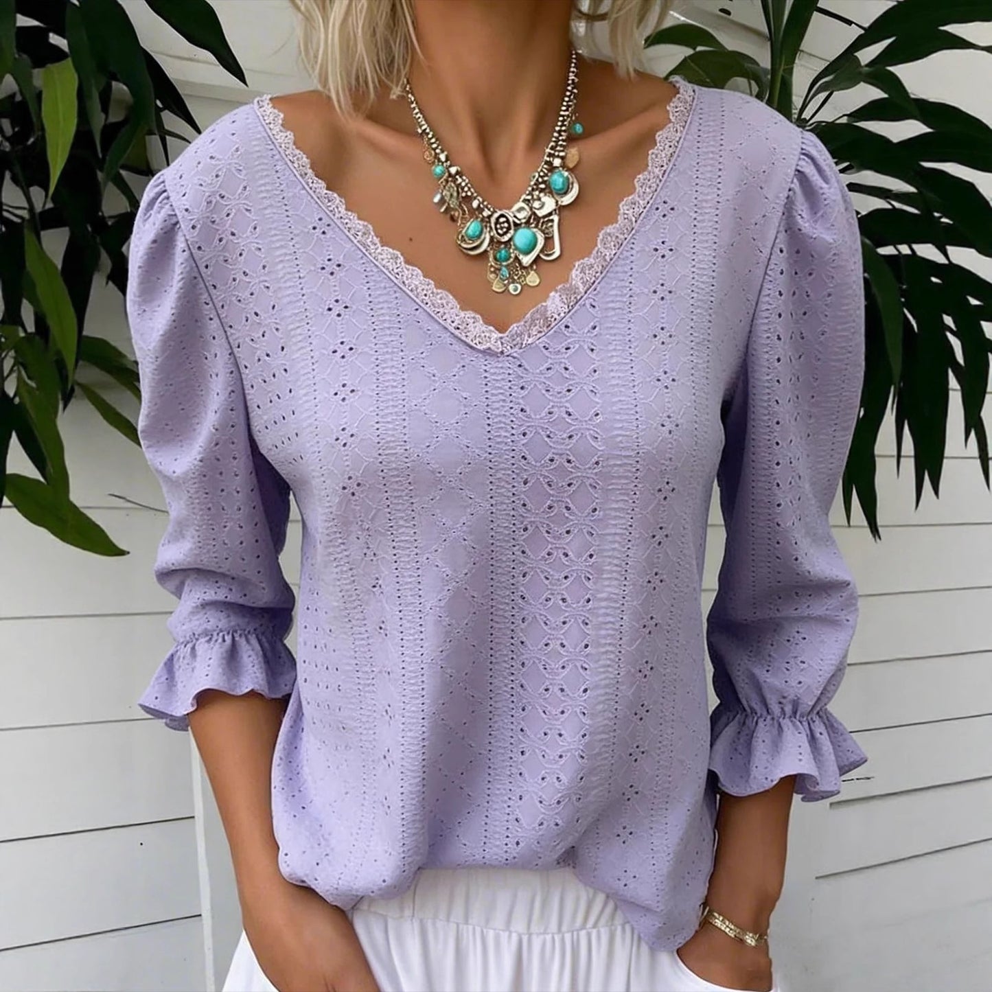 Women's V Neck Hollowed Out Top for Mid Sleeve Stylish Comfort