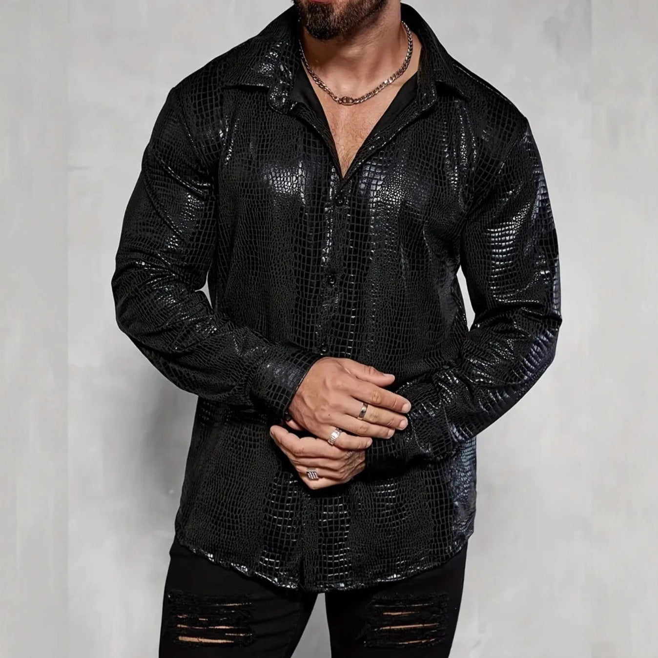 Men's Crocodile-Print Long-Sleeve Shirt for Casual Style