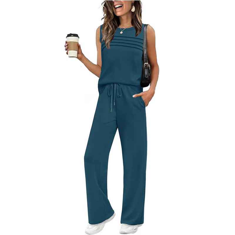 Womens Pleated Vest Top Set - Stylish Two-Piece Outfit for Effortless Chic