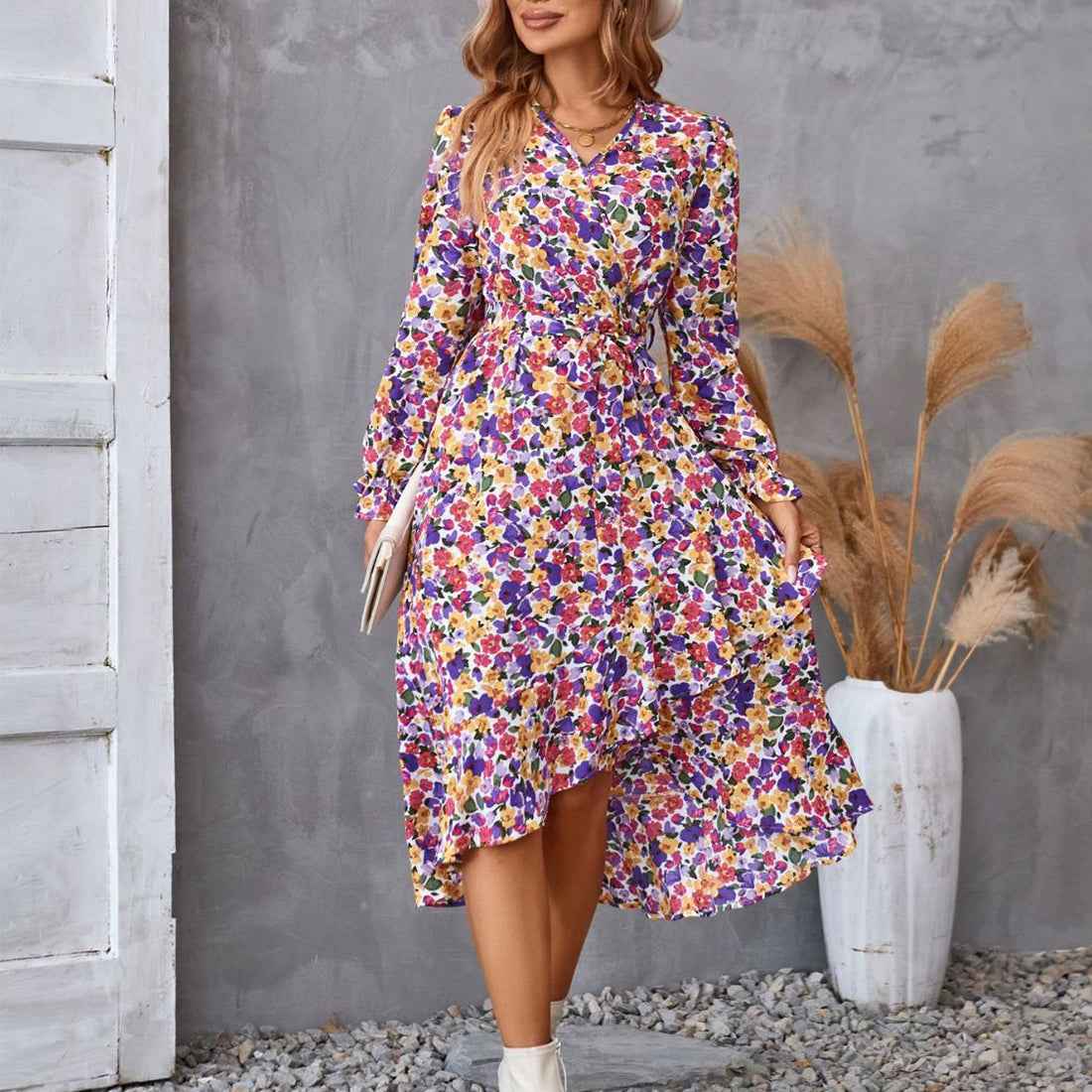 Ruffled V-Neck with Belt Women's Floral Long Sleeve Dress