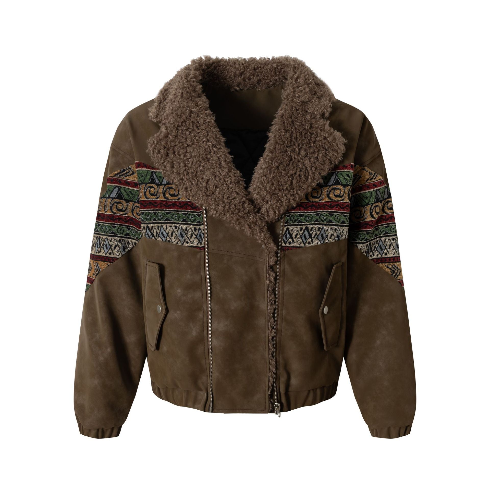 Retro Ethnic Style Woven Belt Splicing Leather Jacket - Neon North Clothing