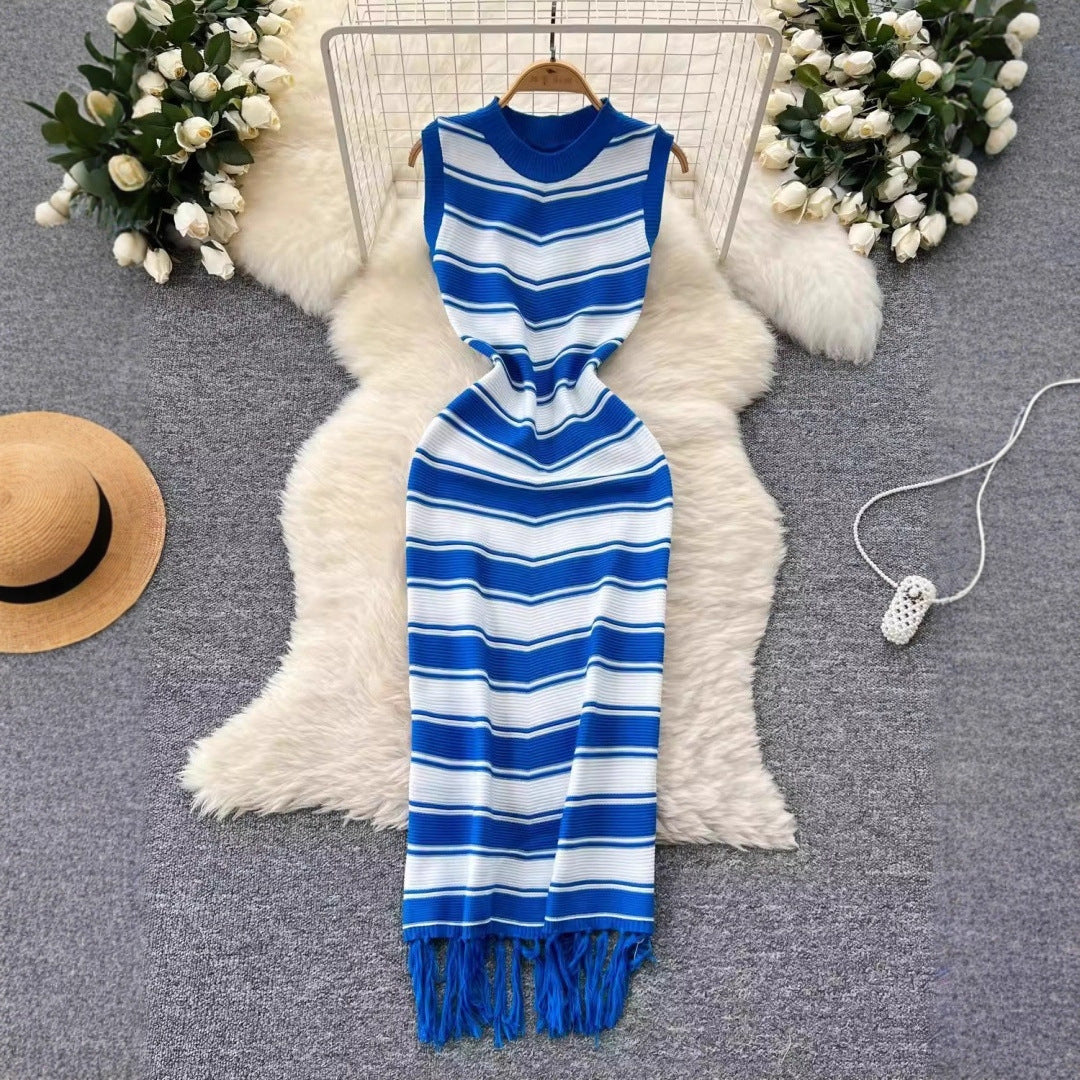 High-End Round Neck Sleeveless Striped Dress with Unique Base and Hip Hugging Long Skirt - Neon North Clothing