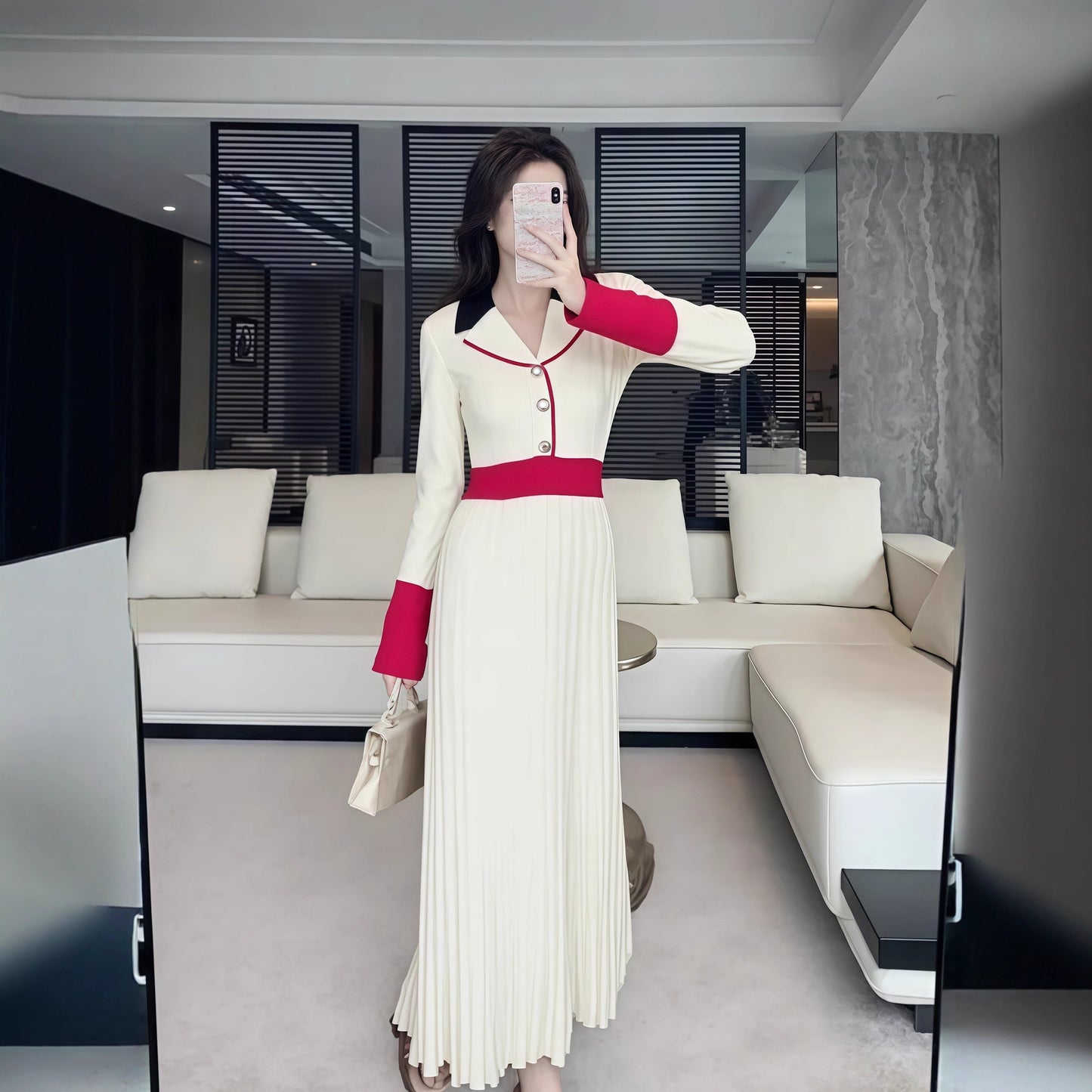 French Vintage Turn-Down Collar Knit Dress for Women - Neon North Clothing
