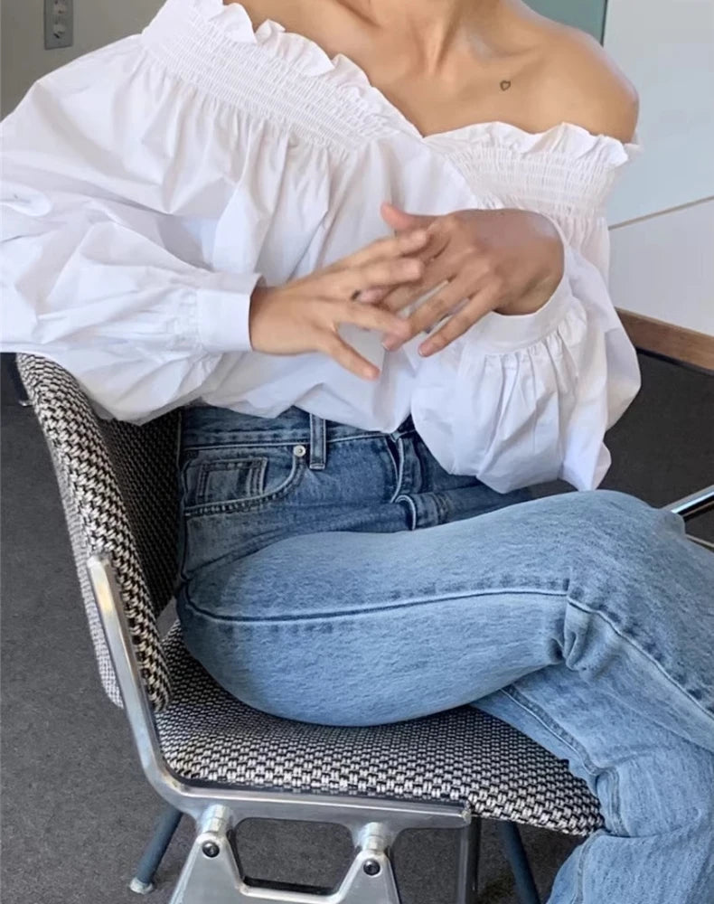 Off Shoulder Blouse with Lantern Sleeves for Effortless Style - Neon North Clothing