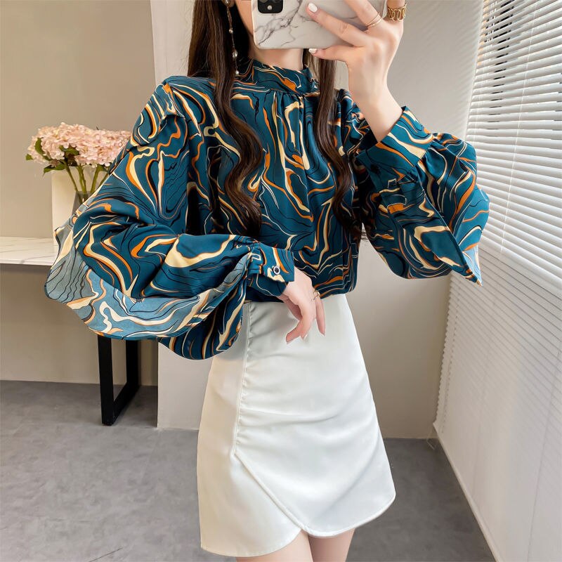 Loose Chiffon Blouse with O Neck Stripe Print and Lantern Sleeves - Neon North Clothing