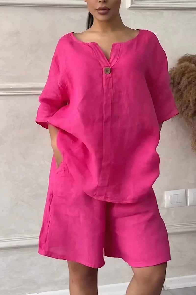 Cotton-linen Shirt Set with Shorts for Women - High-waisted Loose Style