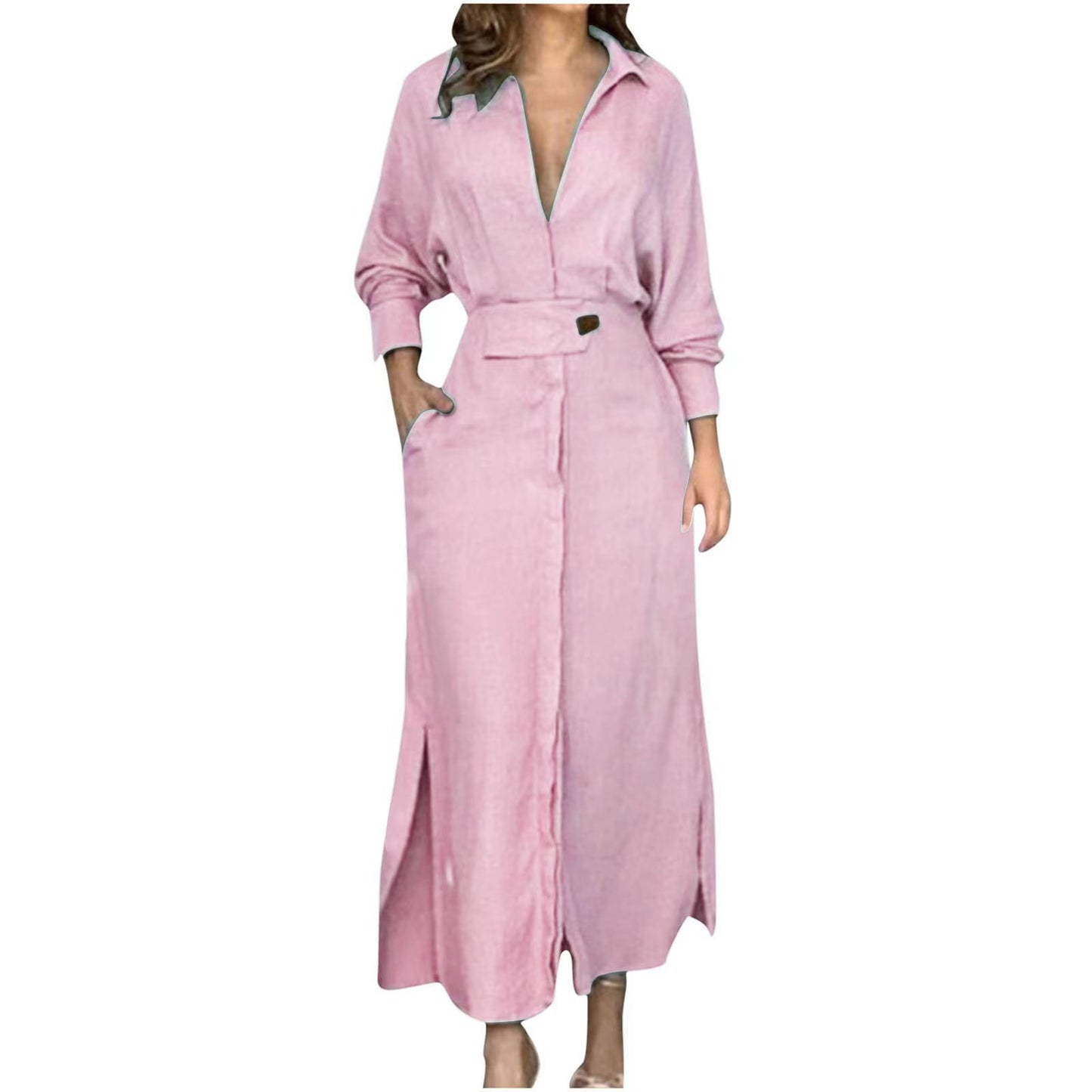 Vestido de manga larga con cuello en V y solapa para mujer