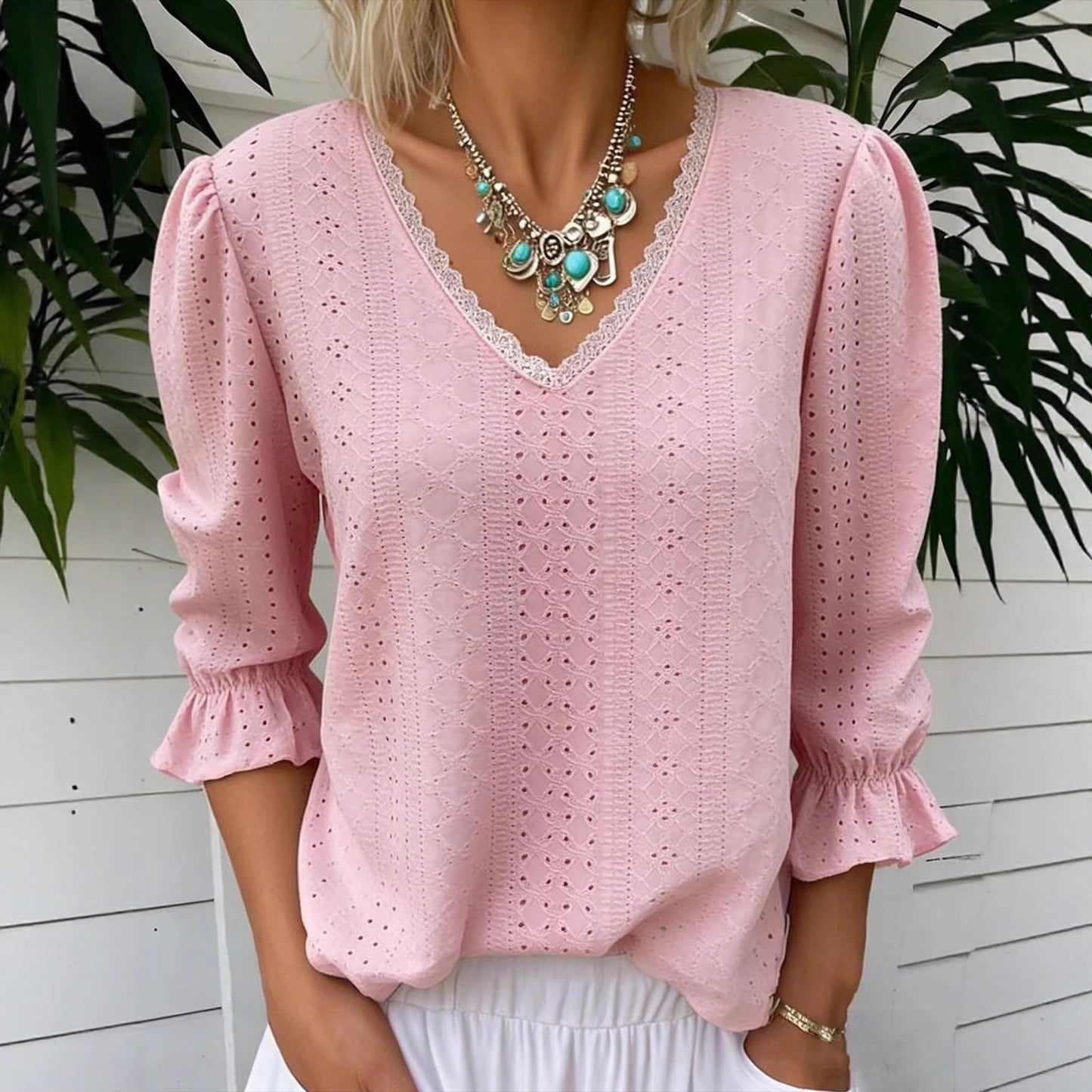 Women's V Neck Hollowed Out Top for Mid Sleeve Stylish Comfort