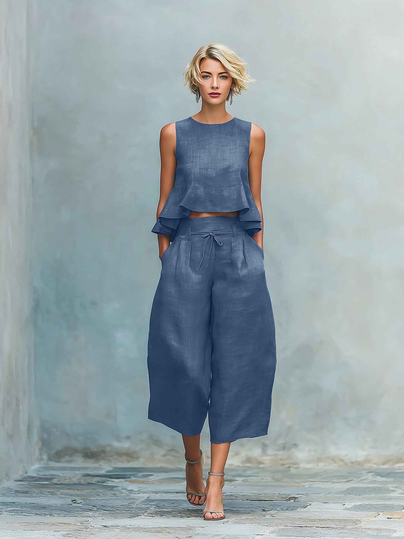 Womens Linen-Blend Two-Piece Set with Ruffled Detailing for Effortless Style