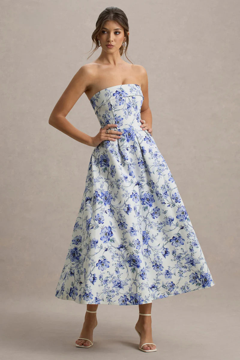 Elegant Floral Off-Shoulder Dress with Waist-Cinched Design - Neon North Clothing