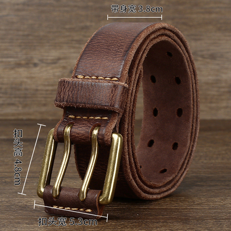 Men's Retro Cowhide Belt - Casual Free Pin Punch First Layer Leather in Wine Red - Neon North Clothing