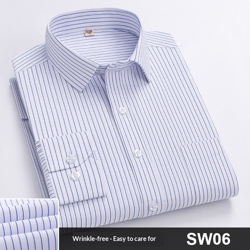 Mens Wrinkle-Free Blue-Striped Work Shirt for Effortless Style and Comfort