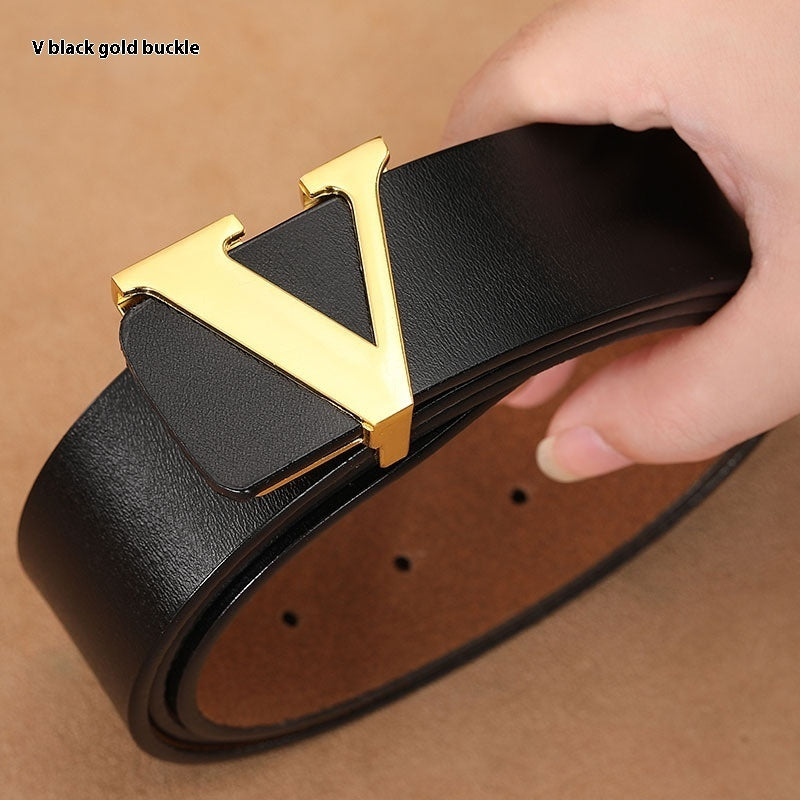 Smooth Genuine Leather Pants Belt - Pure Cowhide Letter V Design - Neon North Clothing