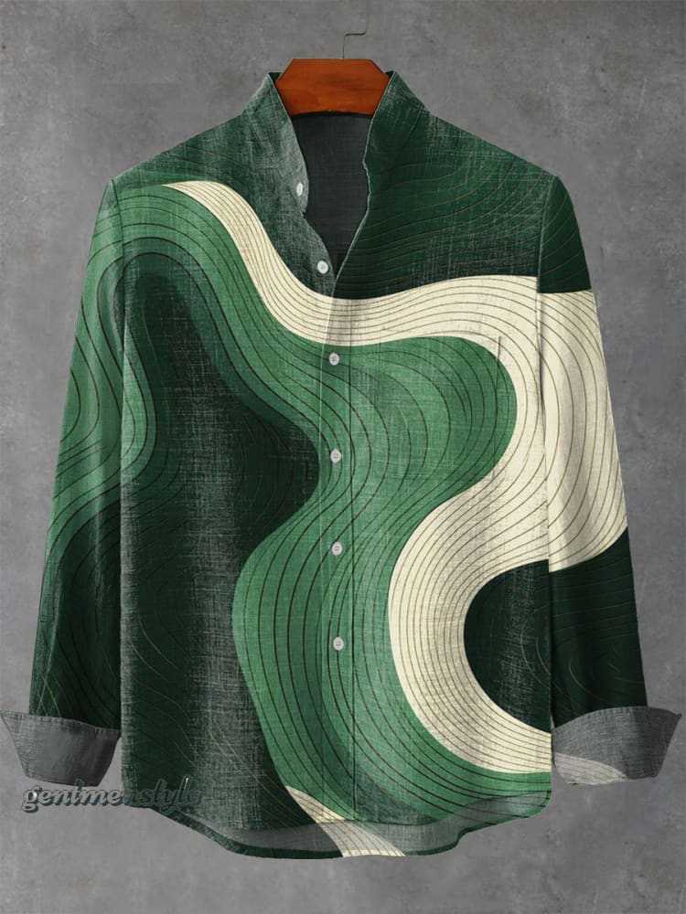 Mens Linen Collar Striped Shirt with Irregular 3D Print - Long Sleeve Relaxed Fit