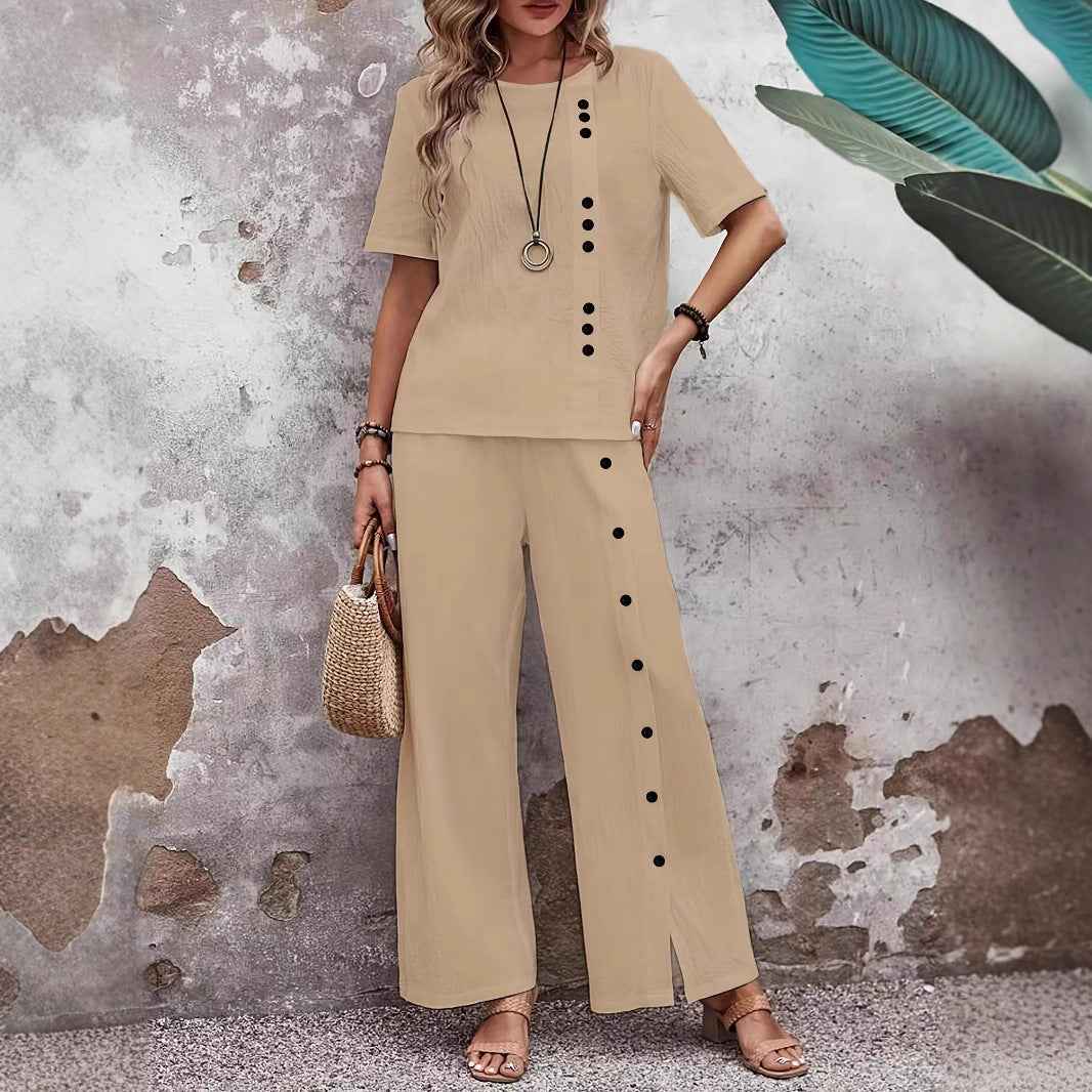 Two-piece Women's Outfit: Short-sleeve Button-up Top & Loose-fit Style