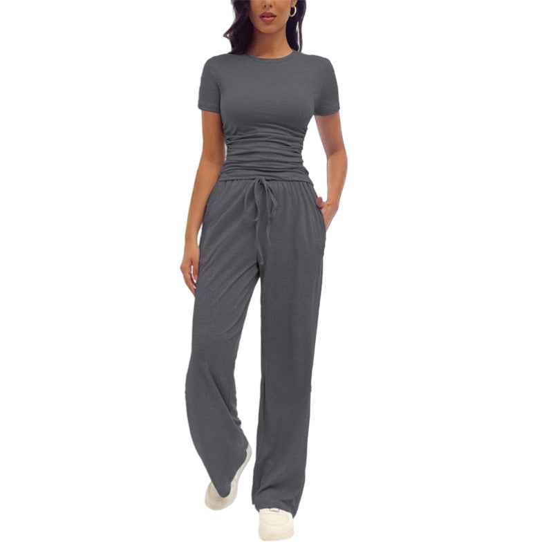 Women's Casual Pleated Set - Fashionable Short-Sleeve Ensemble for Everyday Wear