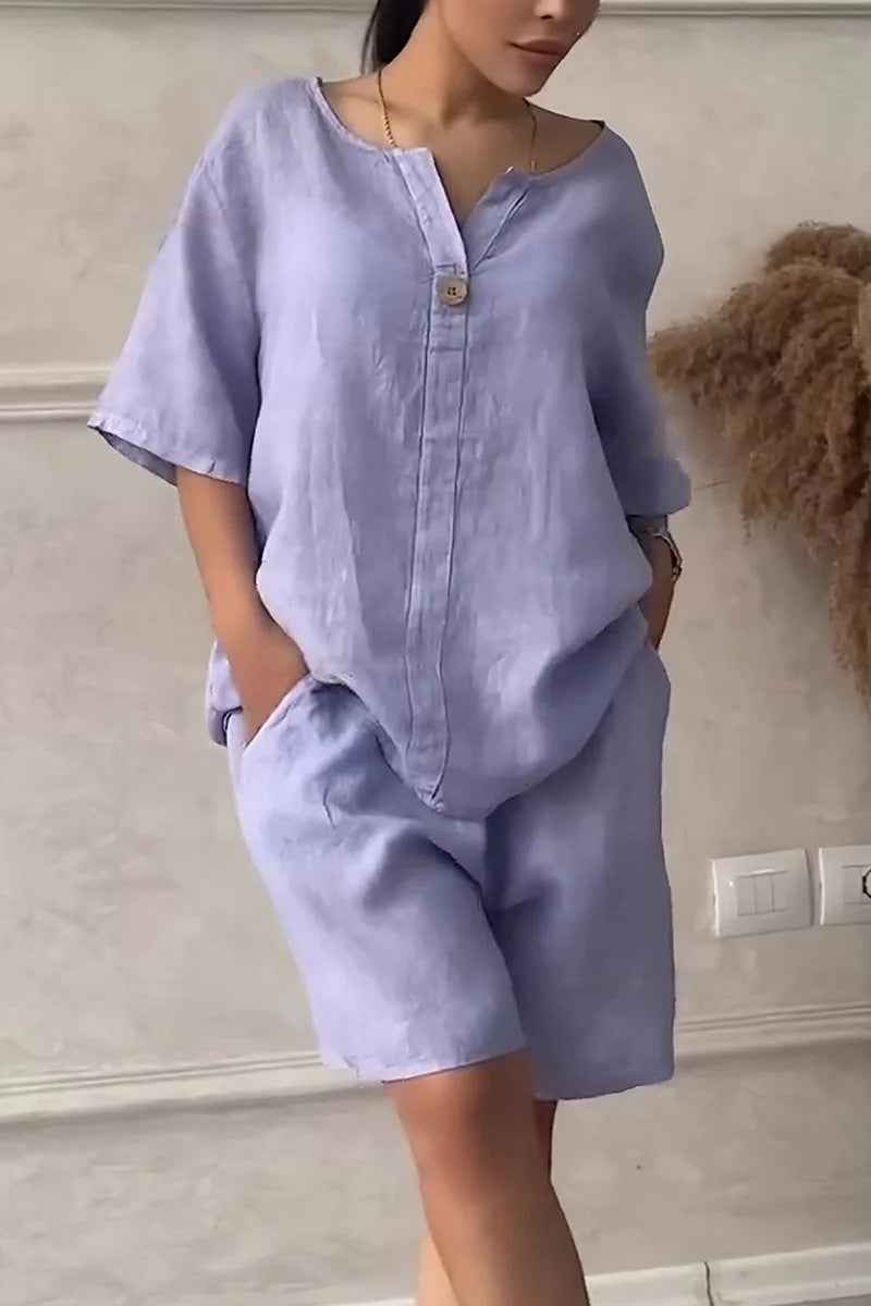 Cotton-linen Shirt Set with Shorts for Women - High-waisted Loose Style