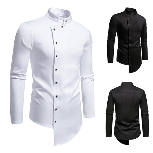 Irregular Hem Men's Long-Sleeve Shirt - Slim Fit with Stand Collar