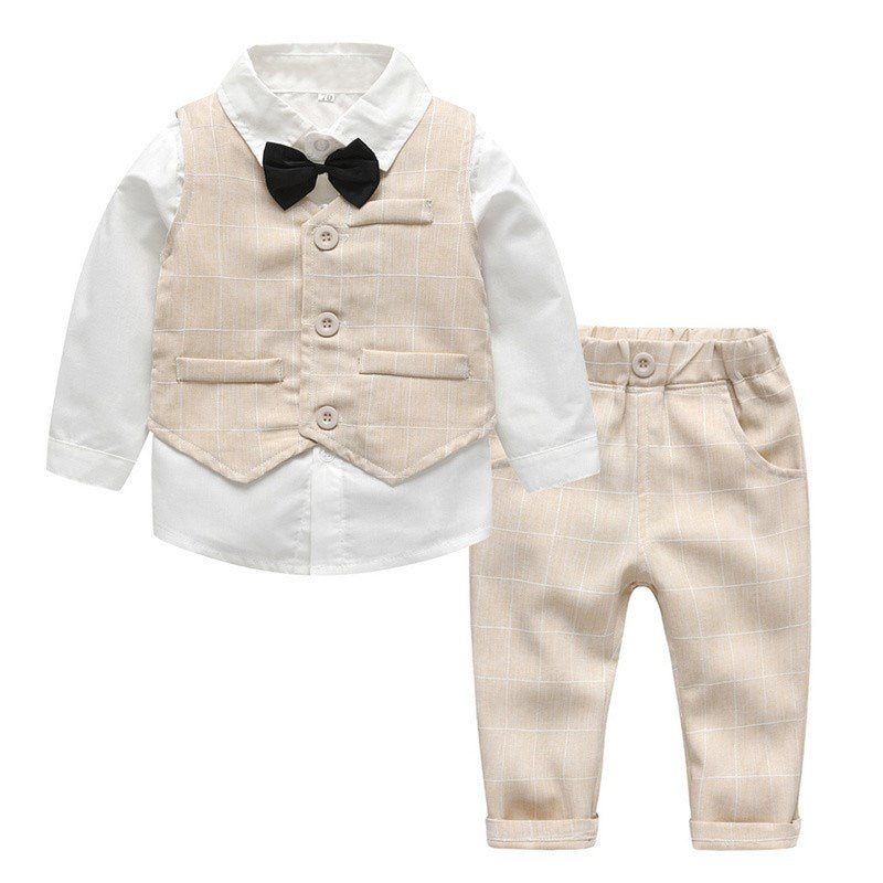 Baby Boy Suit Three-Piece with White Shirt, Striped Vest, and Pants for Spring and Autumn