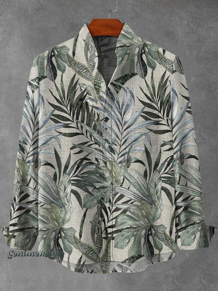 Mens Linen Collar Striped Shirt with Irregular 3D Print - Long Sleeve Relaxed Fit