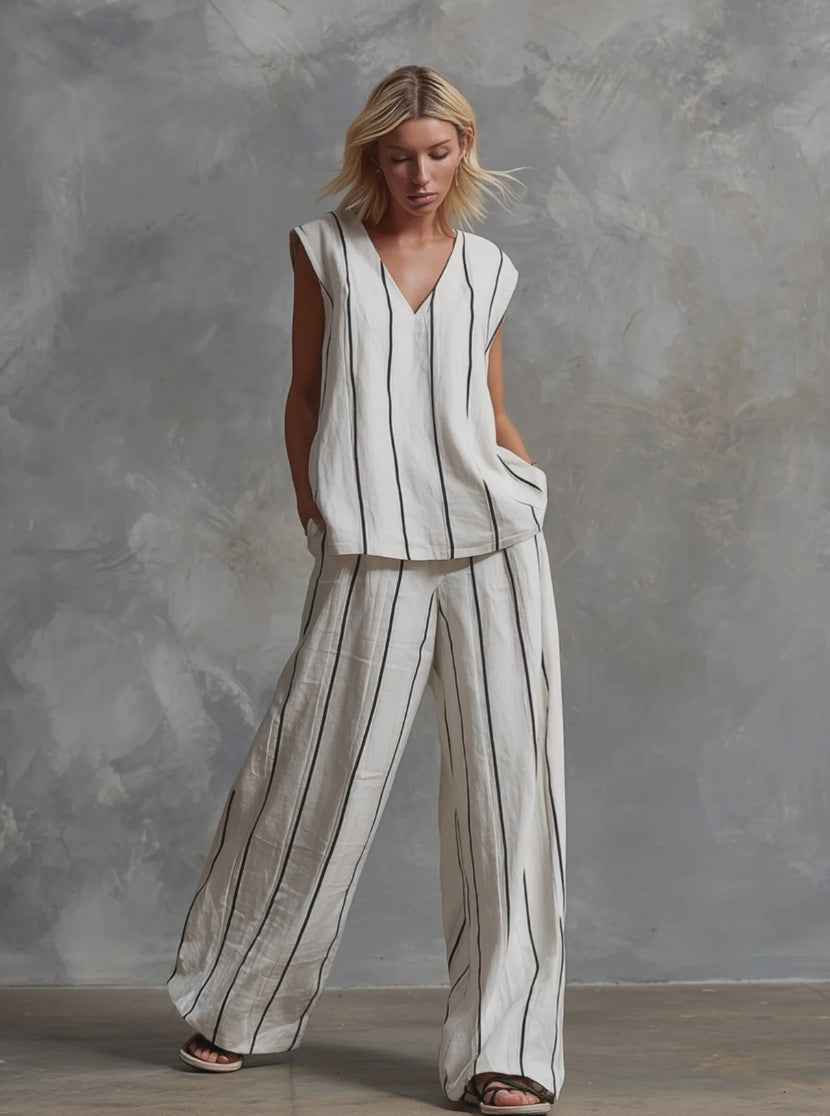 French Minimalist Black and White Set - Loose Cotton-Linen Women's Outfit