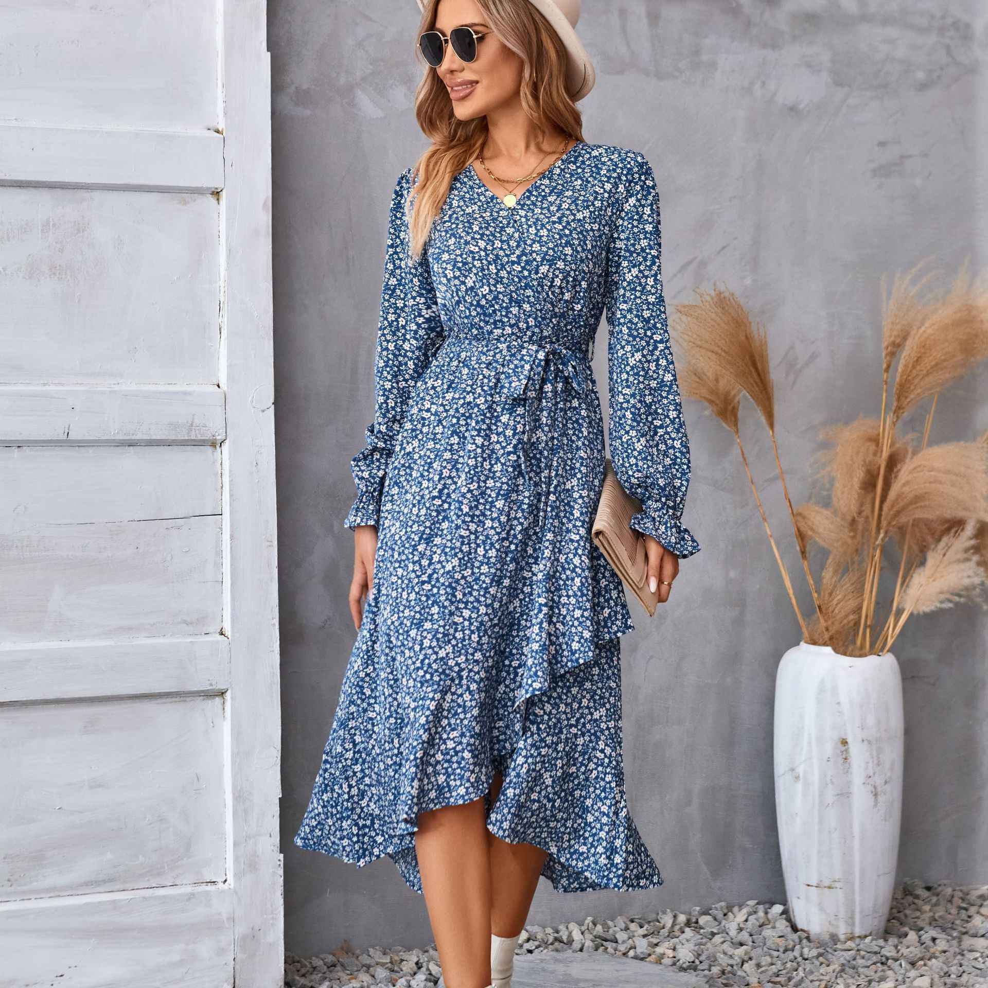 Ruffled V-Neck with Belt Women's Floral Long Sleeve Dress