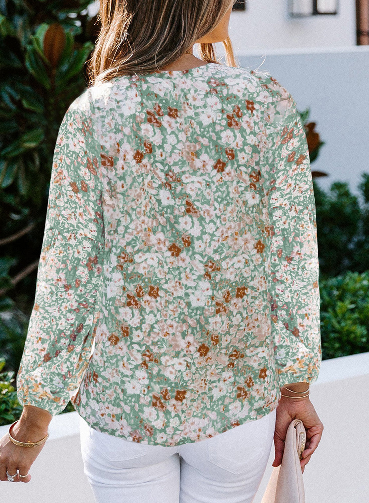 Lantern Sleeve Floral Chiffon Shirt for Women