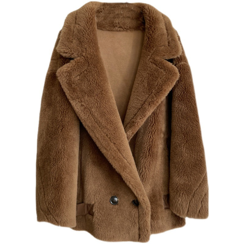 Notched Collar Real Fur Double Breasted Wool Short Jacket - Neon North Clothing