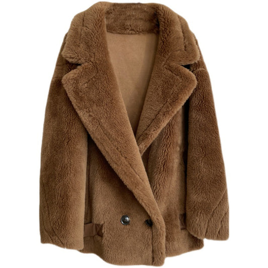 Notched Collar Real Fur Double Breasted Wool Short Jacket - Neon North Clothing