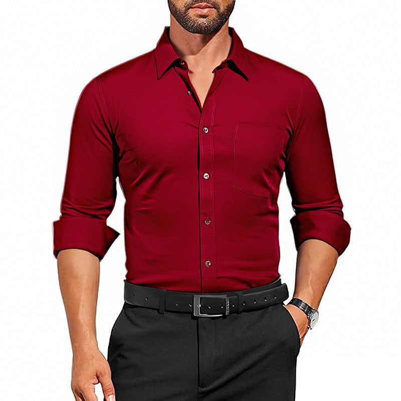 Men's Wrinkle-Resistant Dress Shirt - Breathable Stretch Solid Color Long Sleeve Regular Fit
