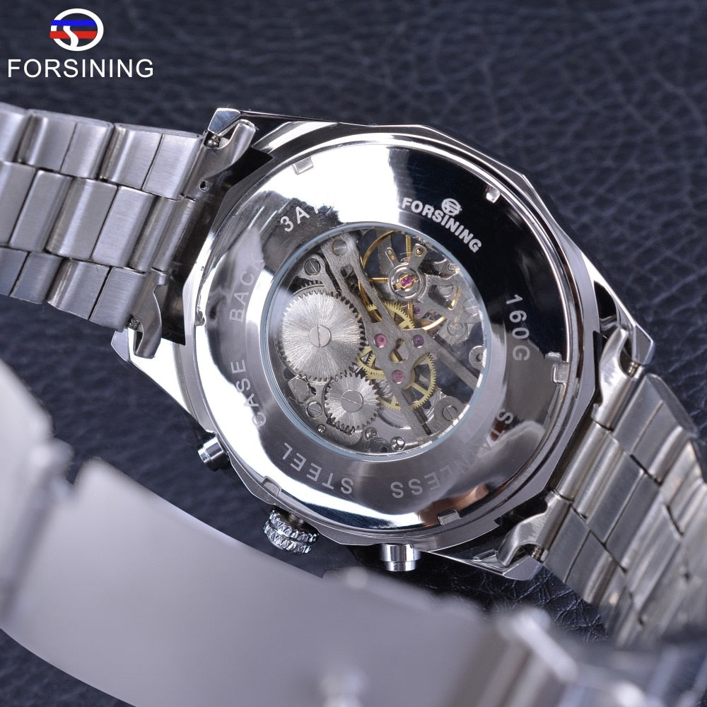 FORSINING Men's Skeleton Watch - Luxury Waterproof Silver Stainless Steel Design - Neon North Clothing