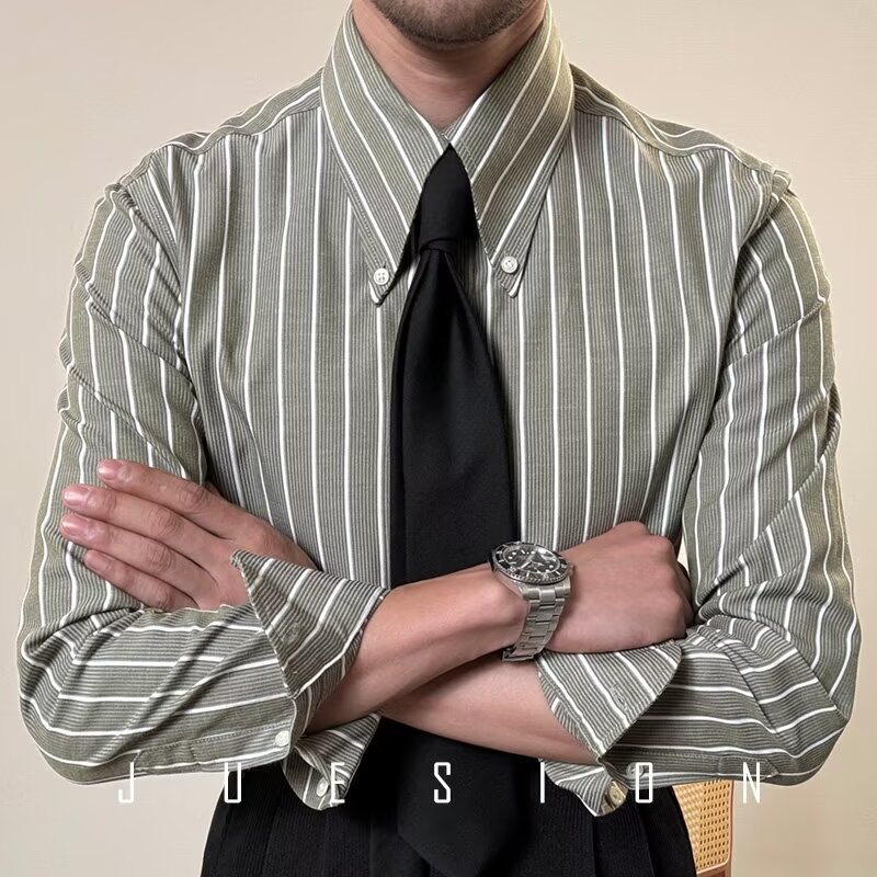 Mens Striped Long-Sleeve Shirt - Retro Casual White Slim Fit