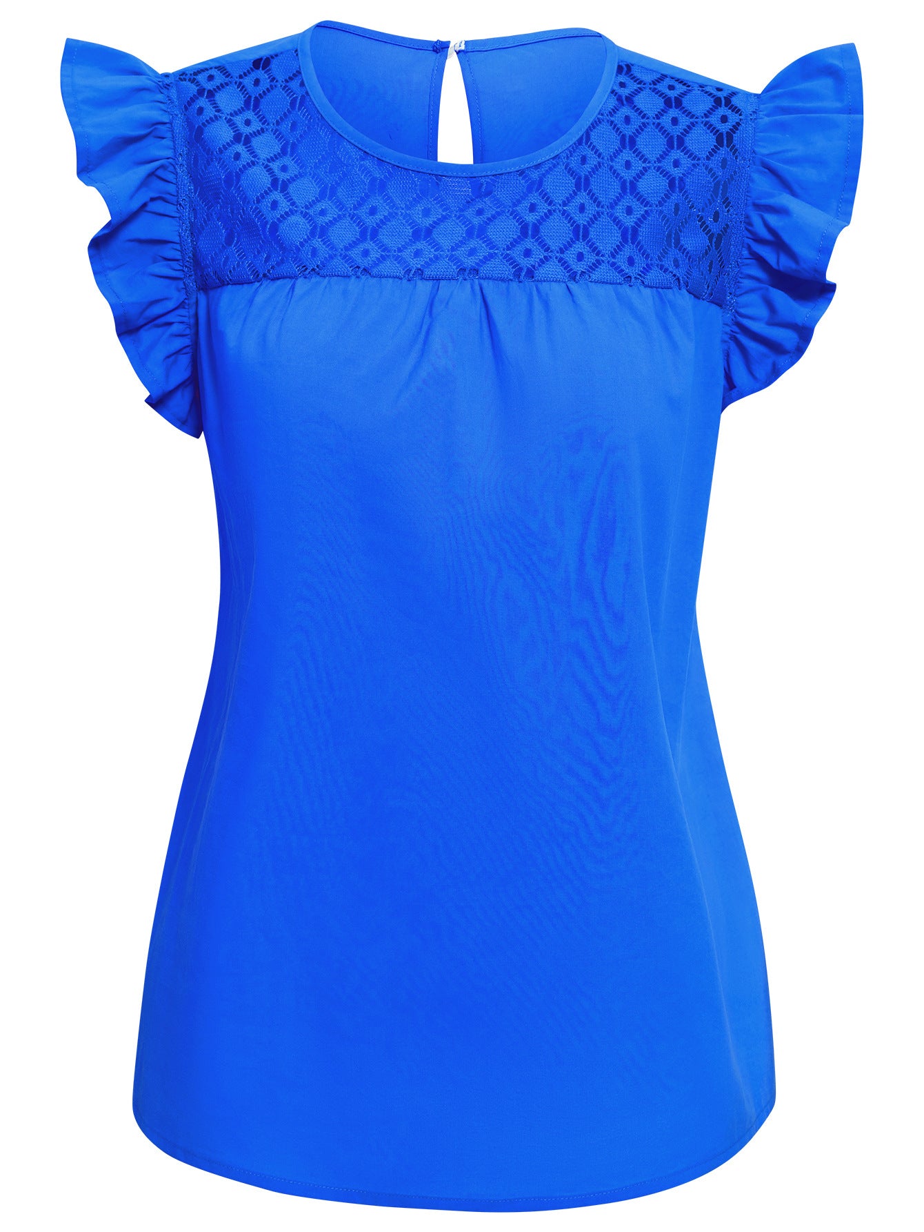 Solid Color Lace Ruffle Sleeve Top with Round Neck Design - Neon North Clothing