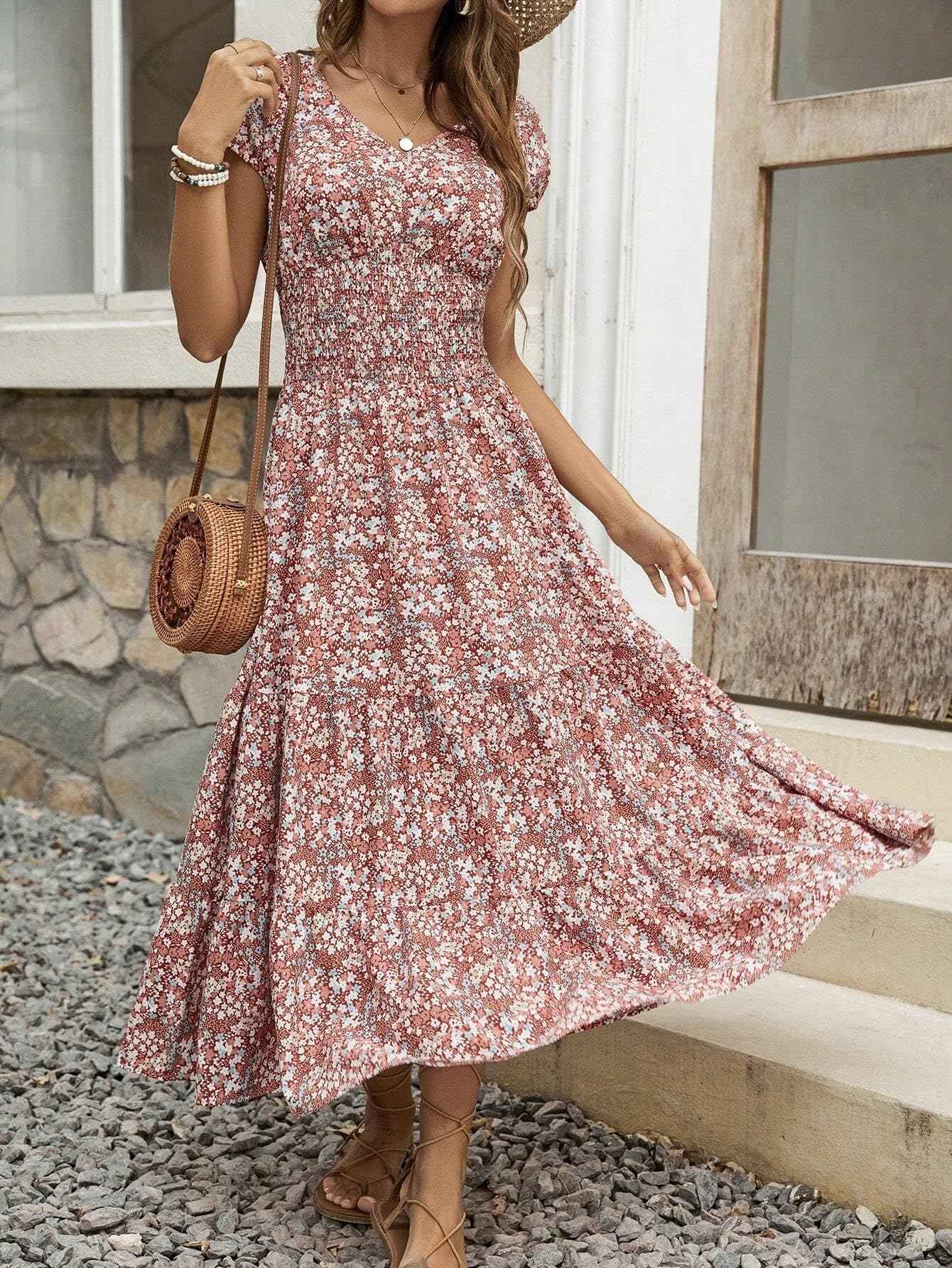 Soft Breathable Machine Washable Women's Floral V-Neck Dress