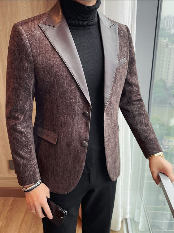 Jacquard Velvet Leather Blazer for Men with Stylish Lapel