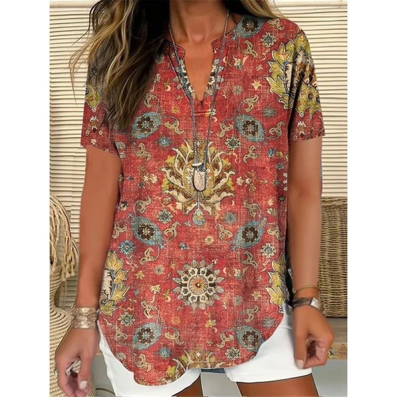 3D Printed Women's V-neck Top - Loose Short Sleeve Design