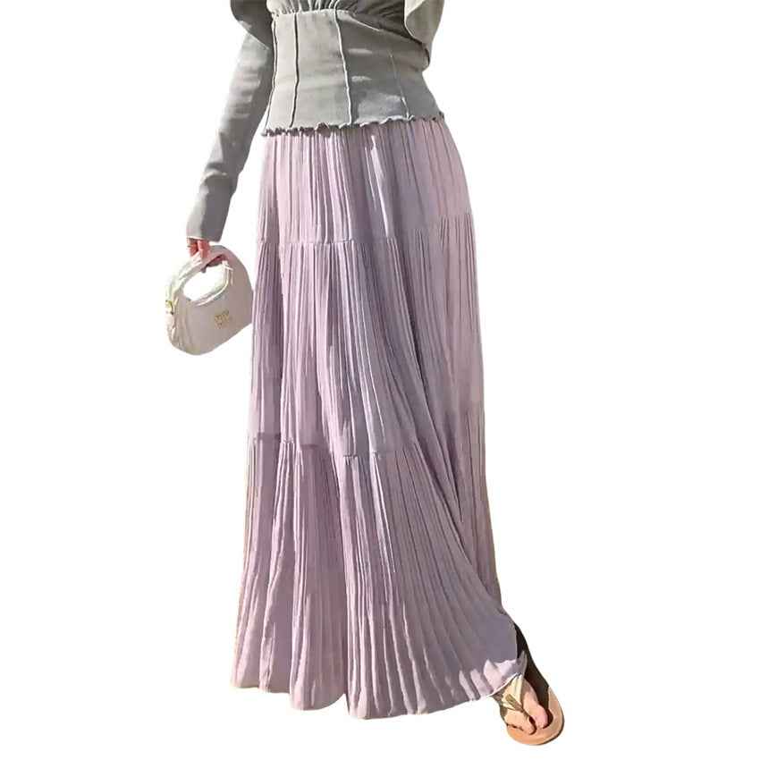 Womens Retro High-Waist Skirt - Elegant Solid-Colored Pleated French-Style Design