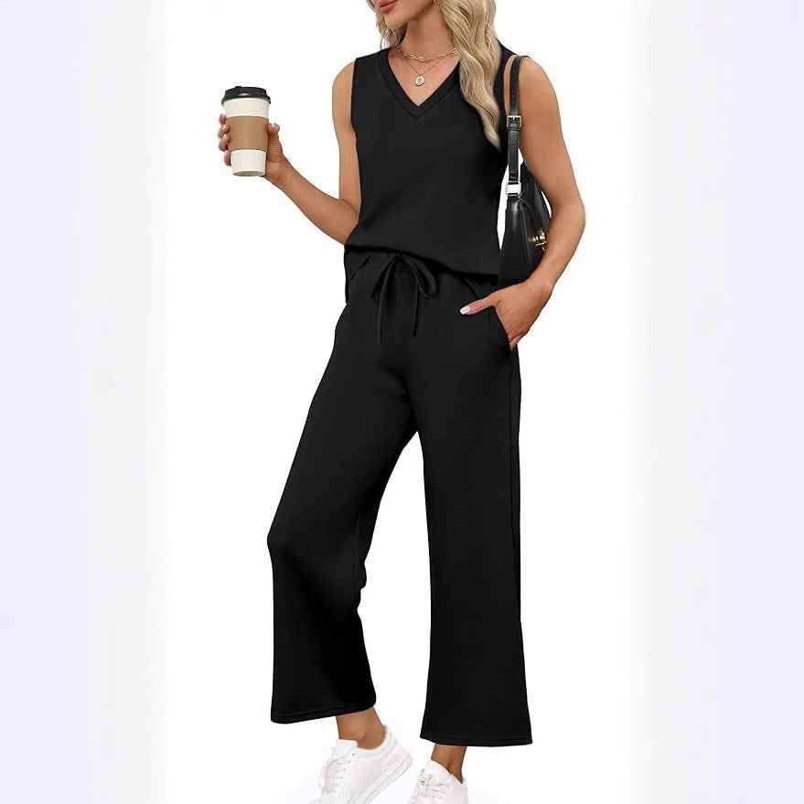 V-neck Vest and Pants Set for Effortless Casual Style