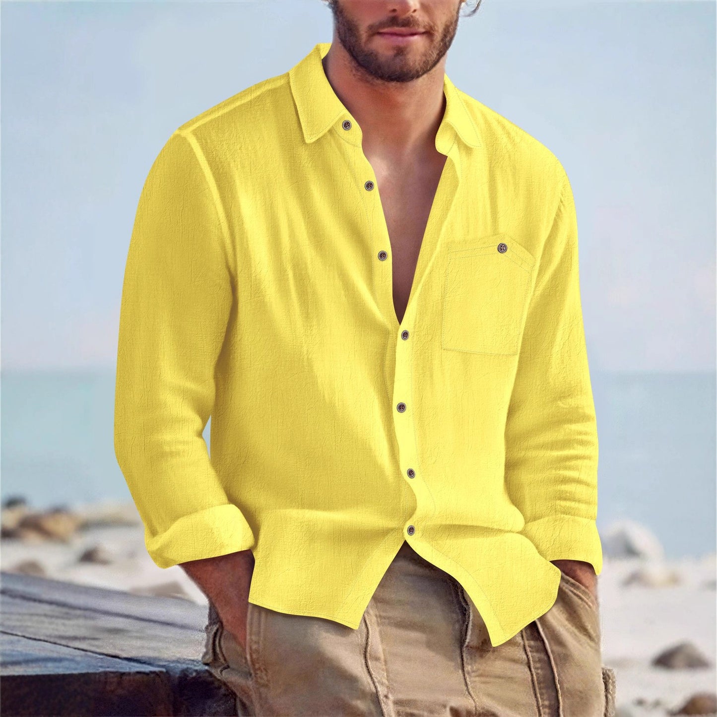 Mens Linen Cardigan Shirt - Solid Color Lapel Loose Fit for Effortless Style