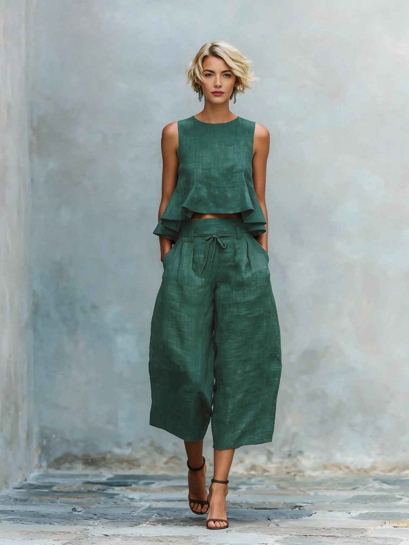 Womens Linen-Blend Two-Piece Set with Ruffled Detailing for Effortless Style