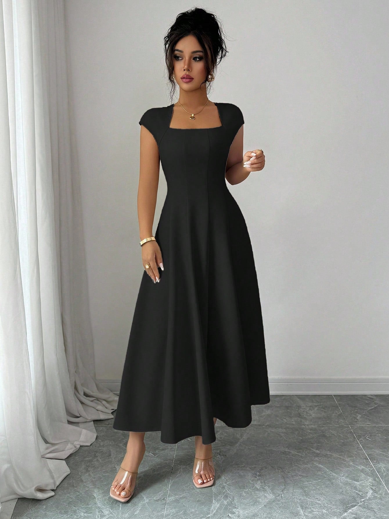 Square Neck Flared Midi Dress with Waist-Cinched Design and Short Sleeves - Neon North Clothing