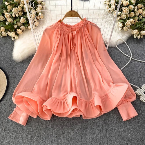 O-neck Long Sleeve Chiffon Ruffles Blouse - Neon North Clothing