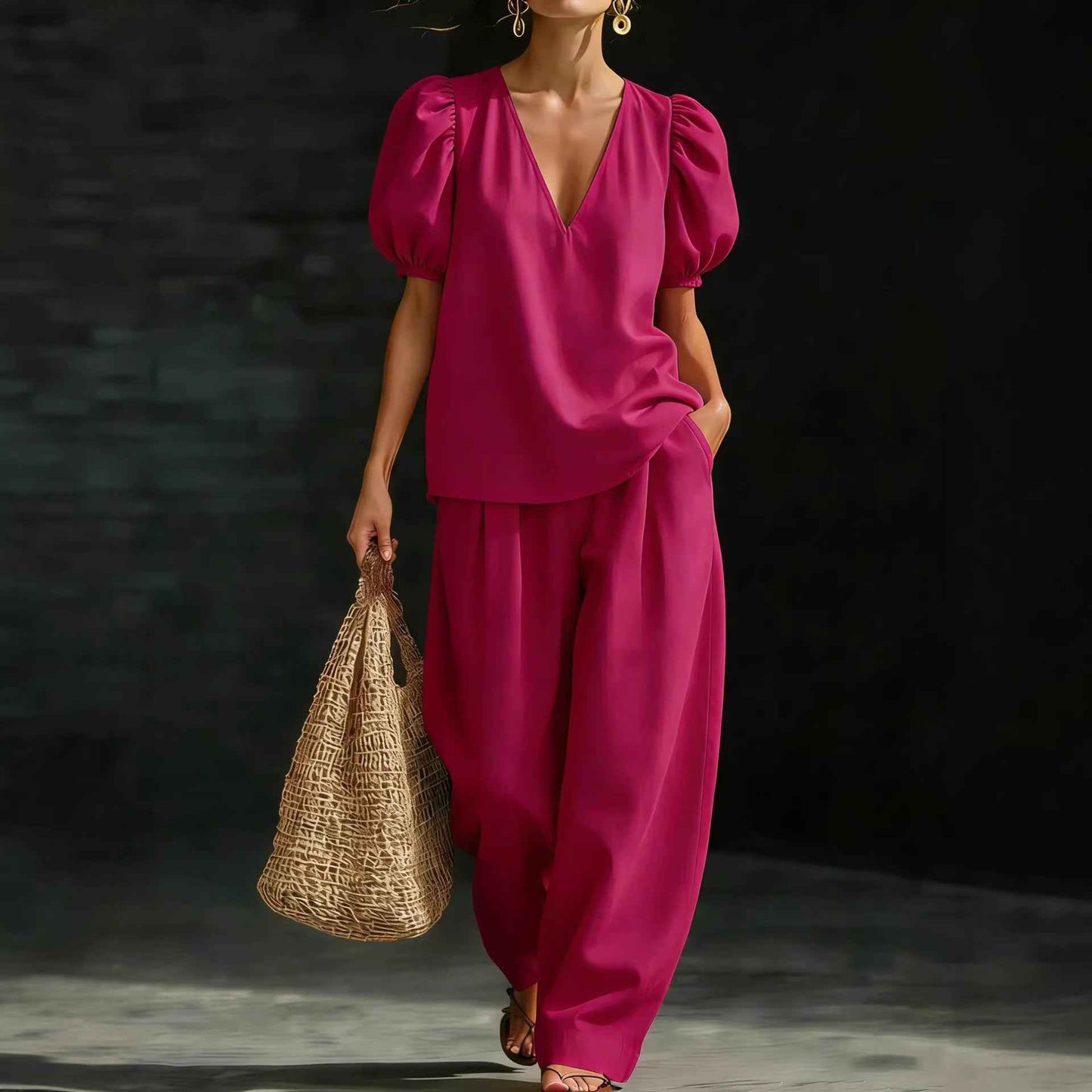 V-Neck Casual Womens Set - Stylish Short-Sleeve Fashionable Outfit