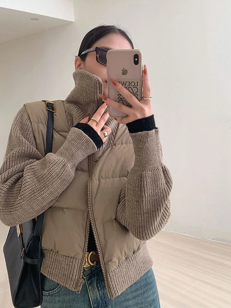 Warm  Brown Cotton Padded Patchwork Knitted Parka Jacket - Neon North Clothing