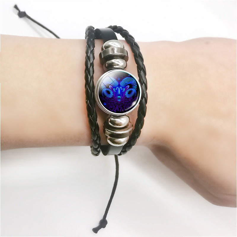 12 Constellations Horoscope Glass Alloy Beaded Glow Leather Bracelet - Neon North Clothing