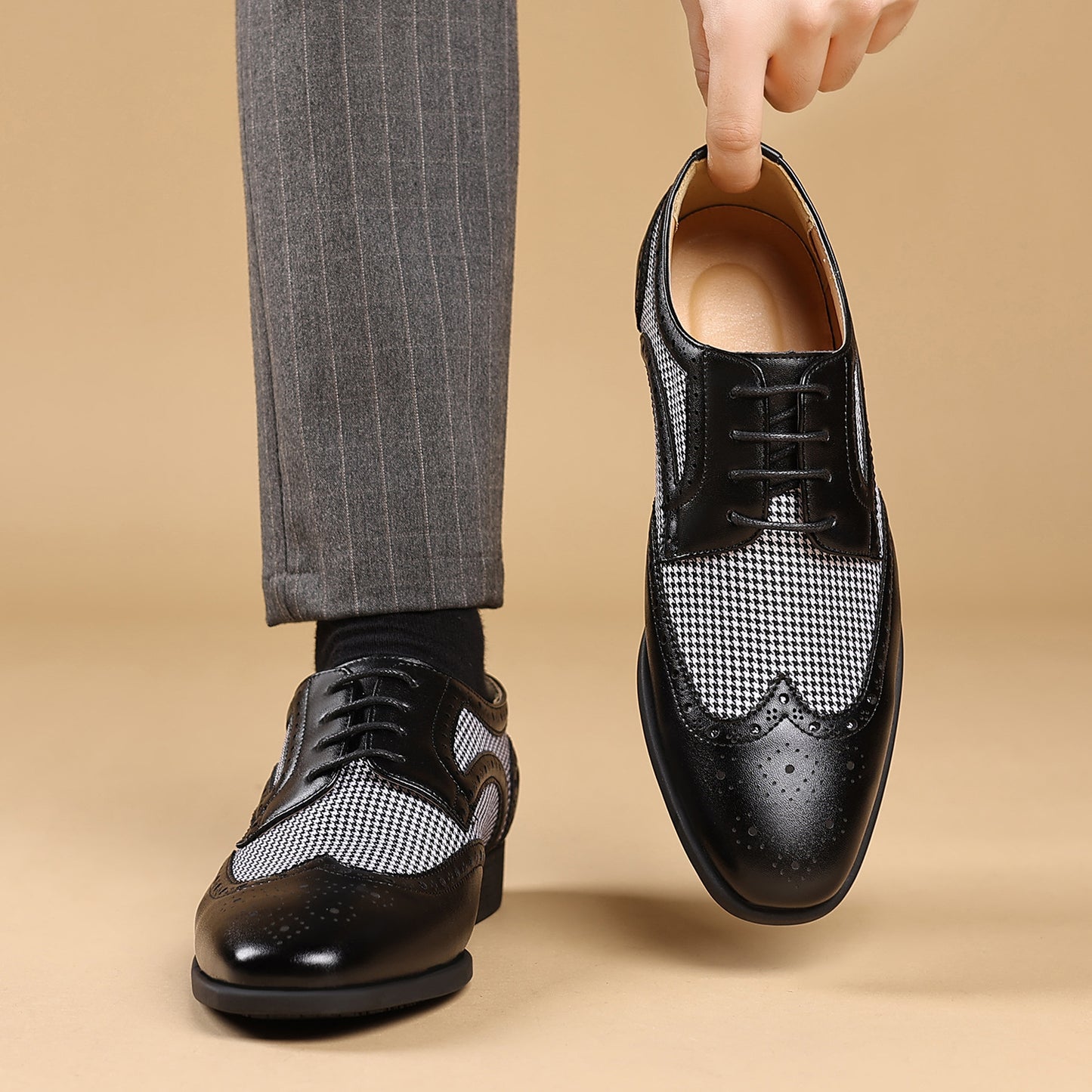 Chaussures homme en cuir décontracté à motif pied-de-poule et carreaux