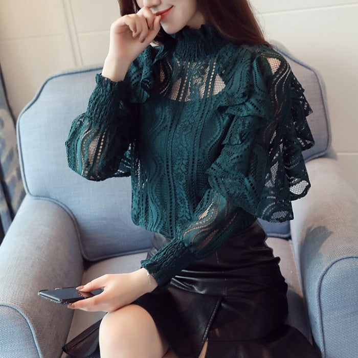 Ruffle Lace Floral Sleeve Blouse with Nine Quarter Sleeve Design - Neon North Clothing